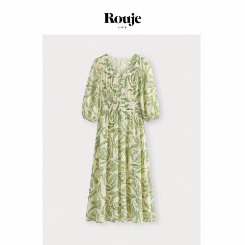 【现货】Rouje Life夏法式V领连衣裙灯笼袖收腰开叉度假风长裙女