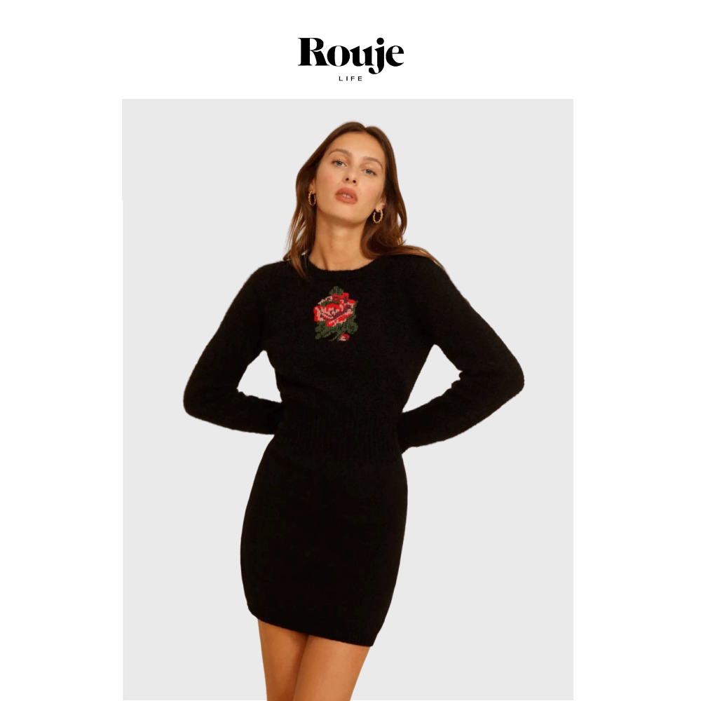 【现货】Rouje Life秋冬新品复古玫瑰刺绣圆领针织长袖连衣裙女