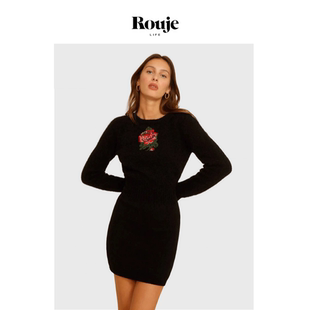 【现货】Rouje Life秋冬新品复古玫瑰刺绣圆领针织长袖连衣裙女