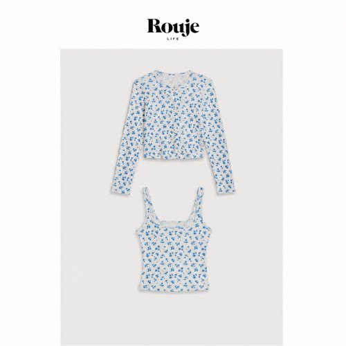 【现货】Rouje Life巴黎开衫+背心26秋蓝色碎花甜美套装上衣
