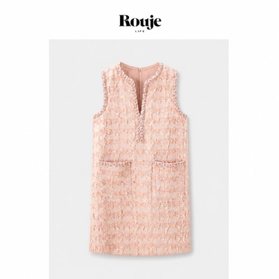 【现货】Rouje Life法式miu系小香风粉色连衣裙淑女流苏感无袖裙