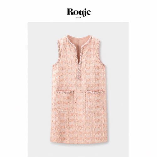 【现货】Rouje Life法式miu系小香风粉色连衣裙淑女流苏感无袖裙