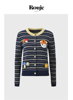 【现货】Rouje Life圆领卡通钩花条纹撞色长袖休闲圆领针织开衫女