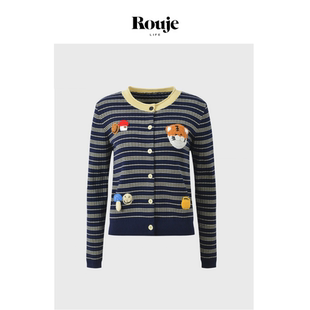 休闲圆领针织开衫 Life圆领卡通钩花条纹撞色长袖 Rouje 女 现货