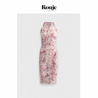【现货】Rouje Life粉色碎花挂脖吊带连衣裙女鱼尾开叉裙仙气长裙