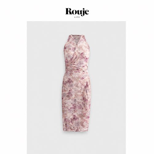 【现货】Rouje Life粉色碎花挂脖吊带连衣裙女鱼尾开叉裙仙气长裙