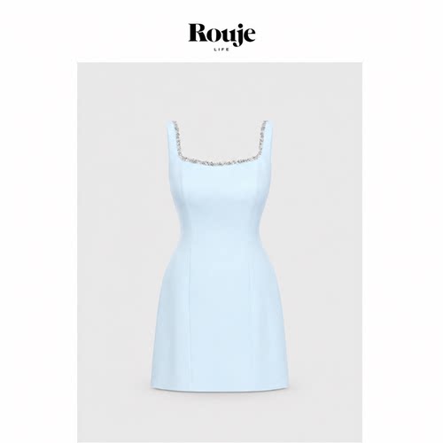 【现货】Rouje Life王心凌同款蓝色收腰吊带连衣裙女a字裙背心裙