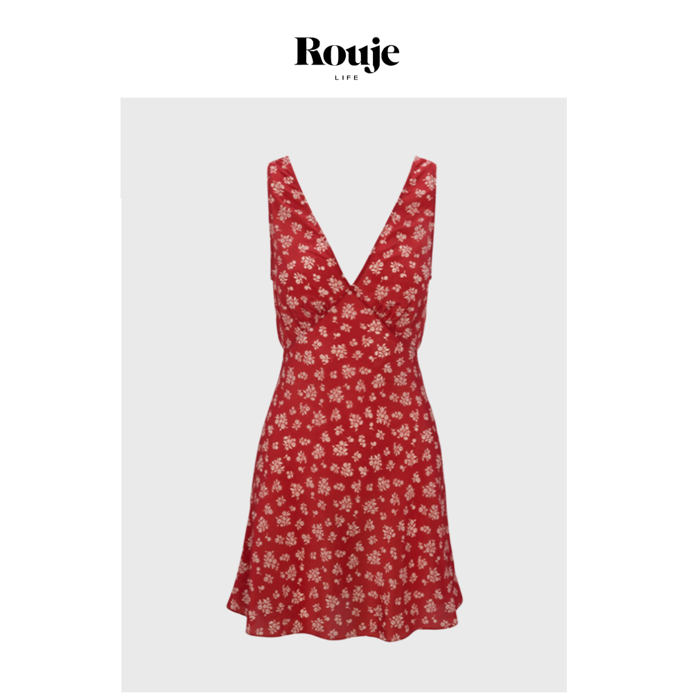 【现货】Rouje Life真丝深V领低胸连衣裙无袖斜裁鱼尾印花法式女