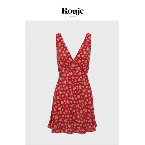 【现货】Rouje Life真丝深V领低胸连衣裙无袖斜裁鱼尾印花法式女