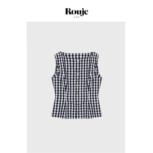 【现货】Rouje Life姜妍同款黑白格子衬衫无袖背心T恤气质上衣