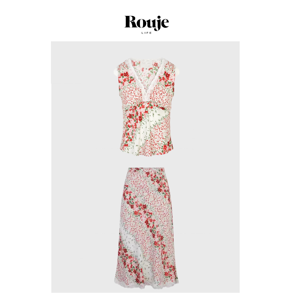 【现货】Rouje Life法系小众碎花法式斜裁鱼尾裙蕾丝高腰半身裙