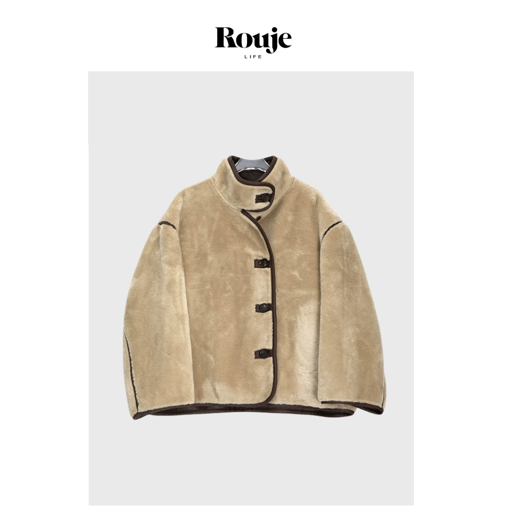 【现货】Rouje Life ARKET立领撞色羊羔毛宽松单排扣短款外套夹克