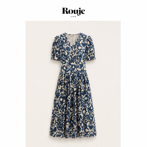 【现货】Rouje Life府绸棉印花V领短袖系带围裹收腰连衣裙茶歇裙