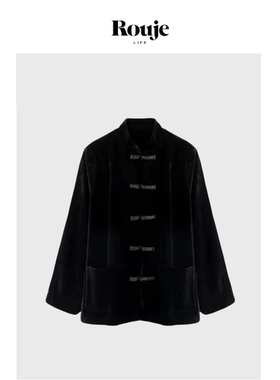 【现货】Rouje Life朱珠新中式盘扣立领唐装宽松黑色丝绒国风上衣
