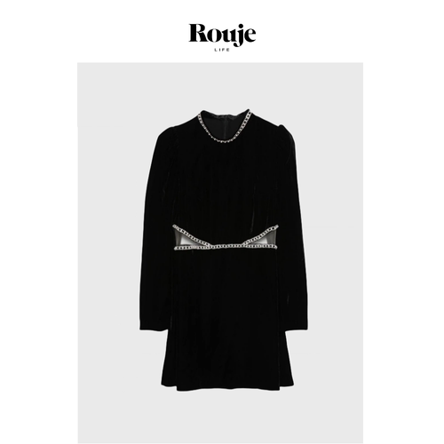 【现货】Rouje Life露腰小黑裙 24秋季黑色金属链条收腰连衣裙
