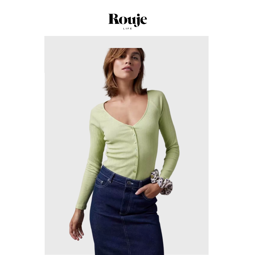 【现货】Rouje Life女v领长袖针织衫修身款显瘦打底衫通勤ol简约