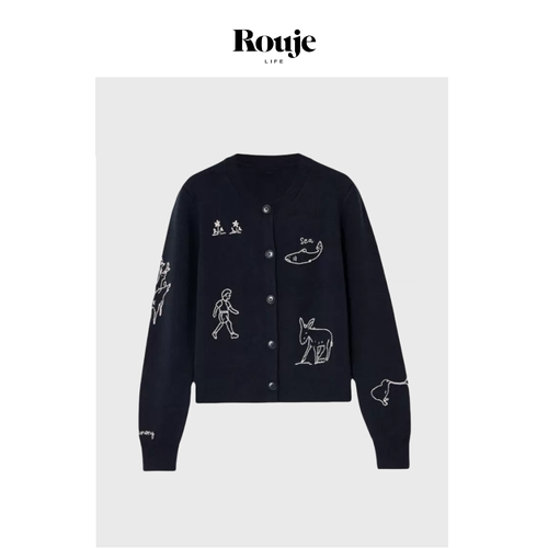 【现货】Rouje Life纯羊毛开衫小个子24秋季童趣提花针织衫小外套