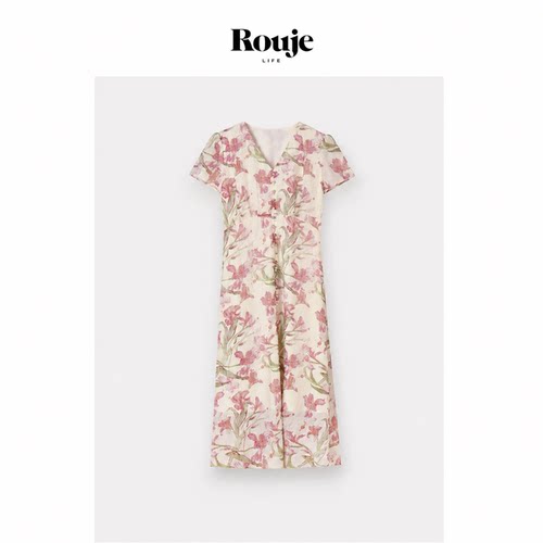 【现货】Rouje Life褶皱天丝印花茶歇裙法式V领收腰鸢尾花中长裙