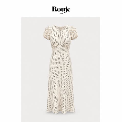 【现货】Rouje Life休闲波点印花高腰长裙 法式泡泡袖连衣裙