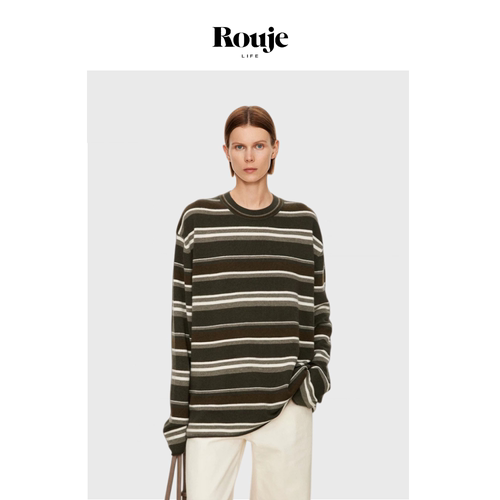 【现货】Rouje Life复古色系多色彩条纹粗纺羊毛绒感加厚廓形毛衣