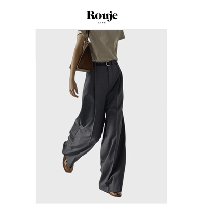 【现货】Rouje Life灰色西装裤女春秋新款高腰阔腿拖地直筒长裤