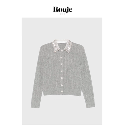 【现货】Rouje Life珍珠领开衫 25春季灰色麻花编织甜美针织衫
