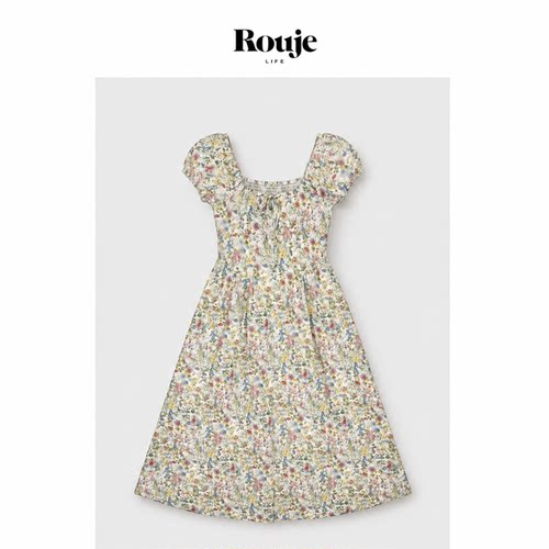 【现货】Rouje Life高支有机棉法式碎花小飞袖收腰连衣裙韩系通勤