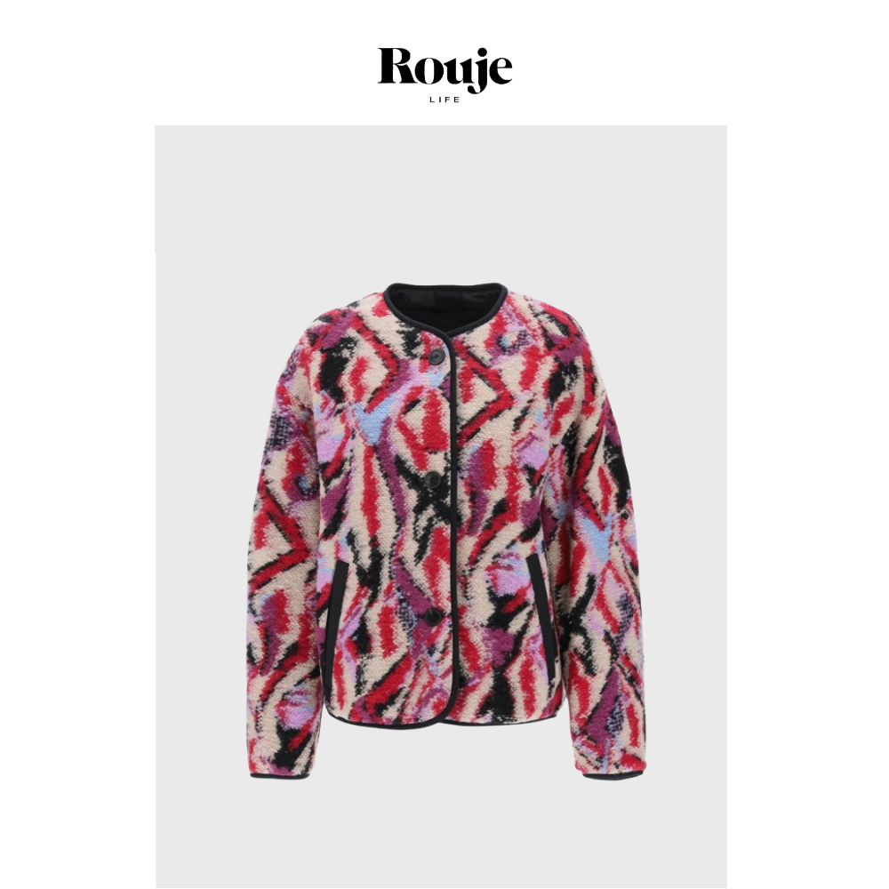 【现货】Rouje Life洋气复古双面穿法式彩色纹路圆领毛呢大衣外套