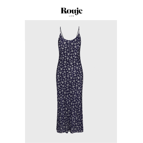【现货】Rouje Life低胸真丝吊带斜裁长款露背连衣裙印花法式性感