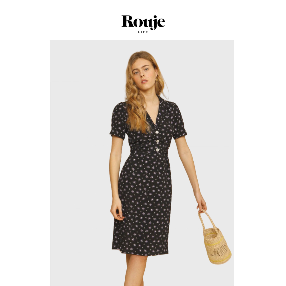 【现货】Rouje Life法式复古连衣裙显瘦v领收腰显身材过膝A字中裙