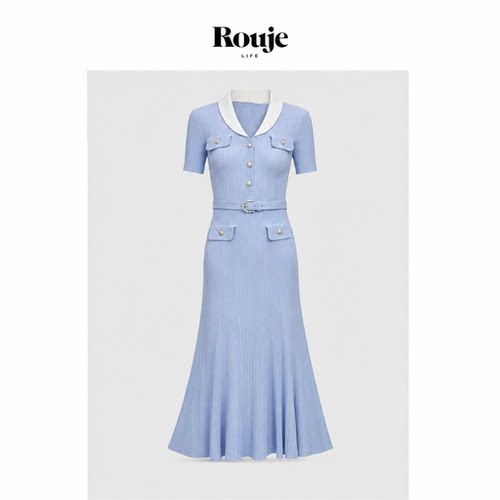 【现货】Rouje Life法系小众气质衬衫收腰修身中长鱼尾针织连衣裙