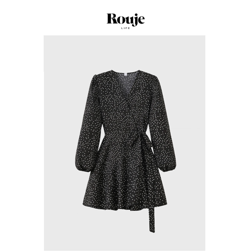 【现货】Rouje Life赵露思同款V领黑色雪纺泡泡袖短款连衣裙荷叶