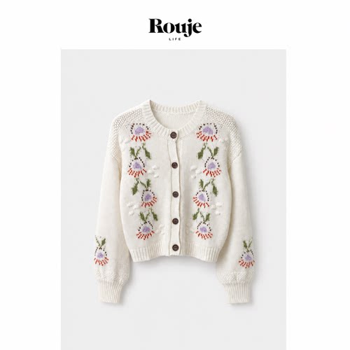 【现货】Rouje Life买手店针织衫26秋季甜美花卉刺绣开衫毛衣