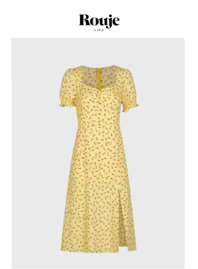 【现货】Rouje Life人丝刘亦菲同款许红豆黄色碎花连衣裙新款法式