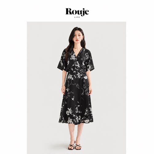 【现货】Rouje Life v领围裹式优雅艺术化笔触印花碎花雪纺连衣裙