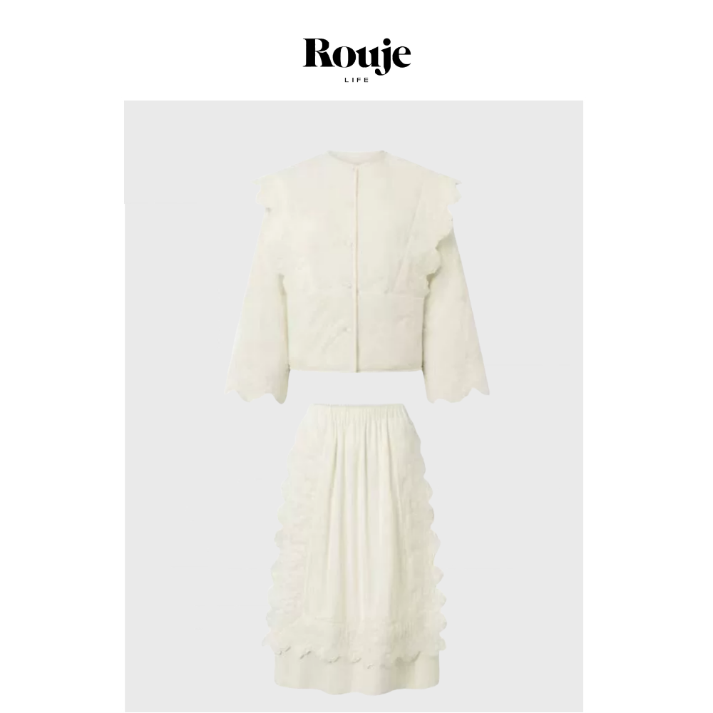 【现货】Rouje Life自由白月光北欧刺绣绗棉马甲长袖棉衣松紧半裙