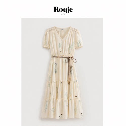 【现货】Rouje Life法式重工植物刺绣天丝褶皱肌理拼接设计连衣裙
