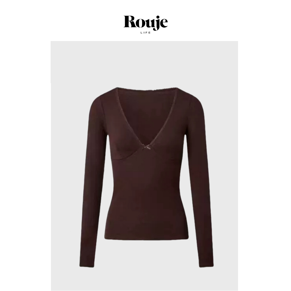 【现货】Rouje Life巴黎复古打底衫24早秋低胸咖色修身针织上衣