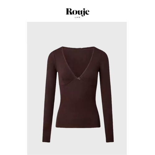 【现货】Rouje Life巴黎复古打底衫24早秋低胸咖色修身针织上衣