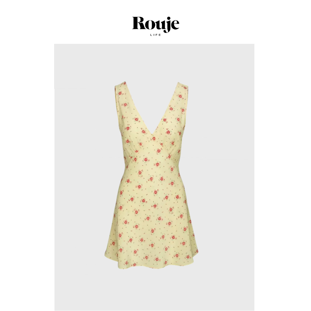 【现货】Rouje Life连衣裙lumeng同款黄碎花无袖V领系带吊带短裙