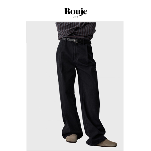 【现货】Rouje Life黑色牛仔裤女秋冬高腰显瘦百搭阔腿裤直筒裤子