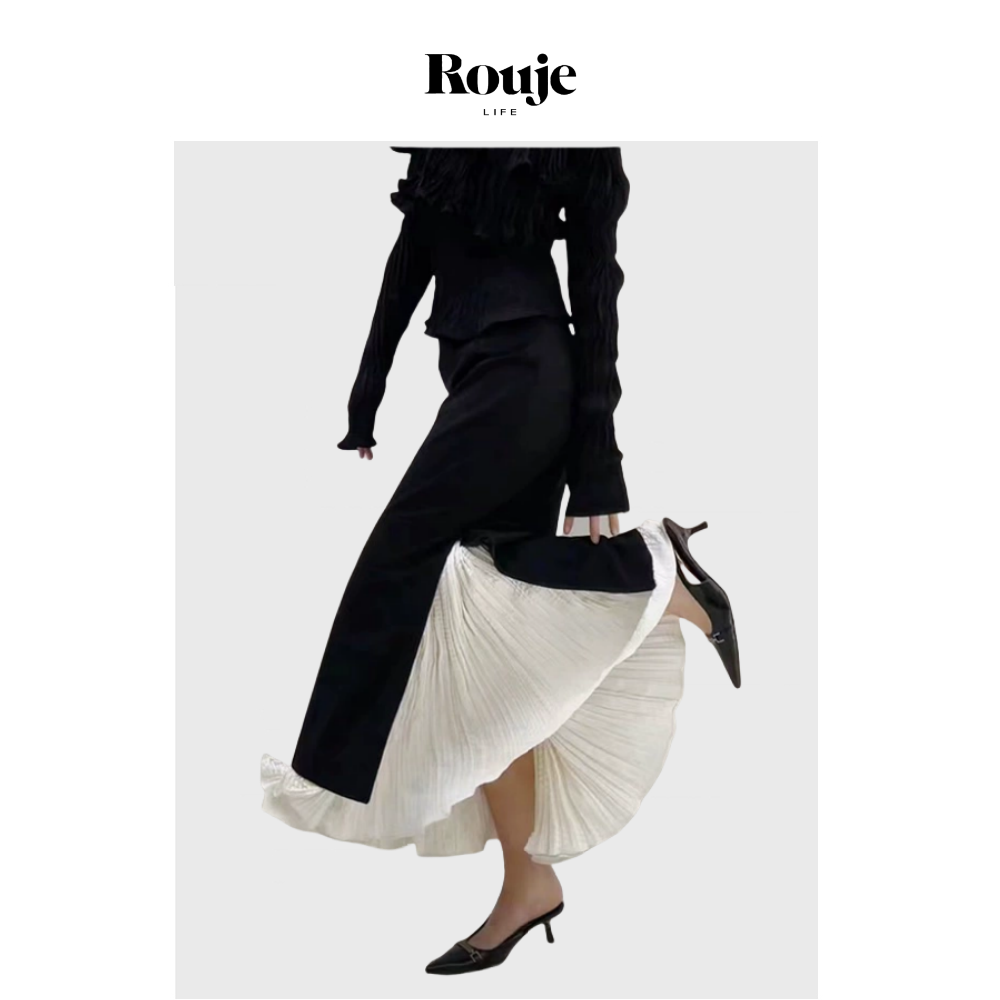 【现货】Rouje Life时髦不规则半裙春季百搭高腰拼接侧开衩长裙