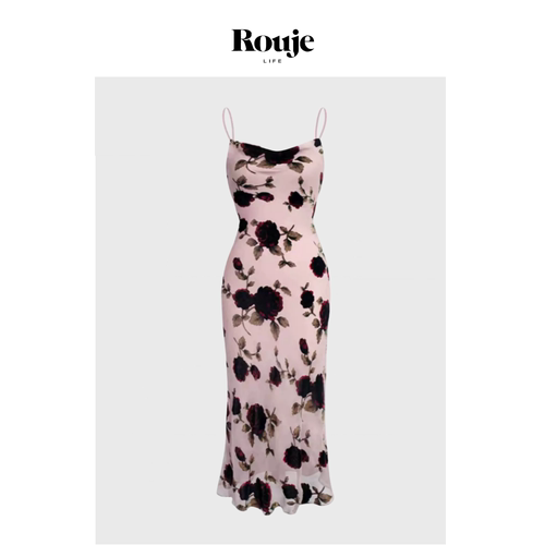 【现货】Rouje Life玫瑰花真丝丝绒荡领斜裁鱼尾吊带连衣裙法式女