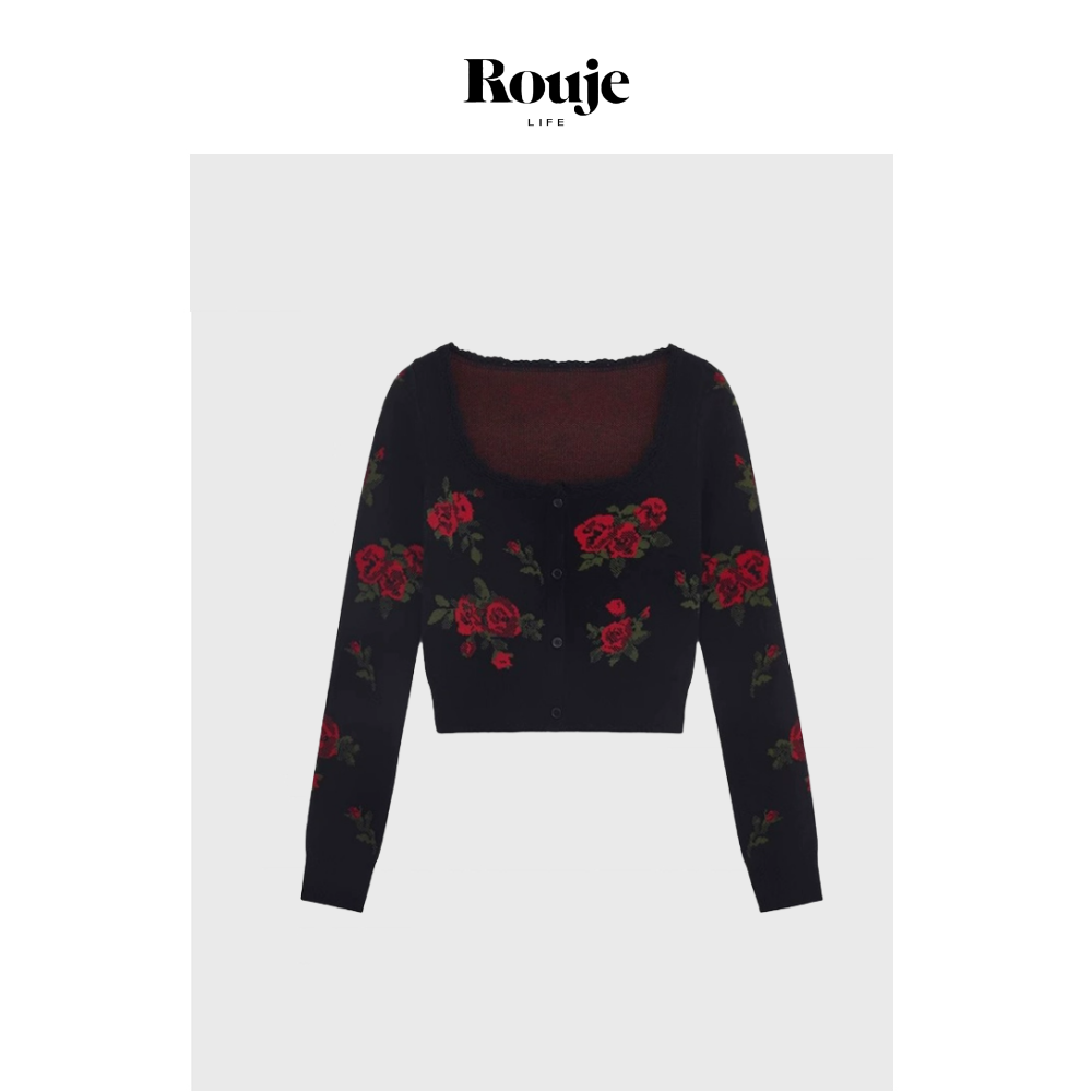 【现货】Rouje Life白鹿同款复古方领玫瑰花针织开衫短款修身上衣