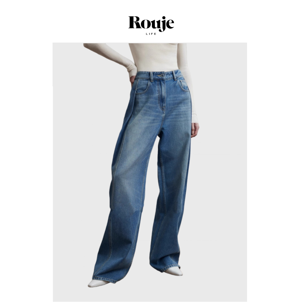 【现货】Rouje Life高支棉双翻褶高腰显瘦牛仔裤女休闲直筒阔腿裤