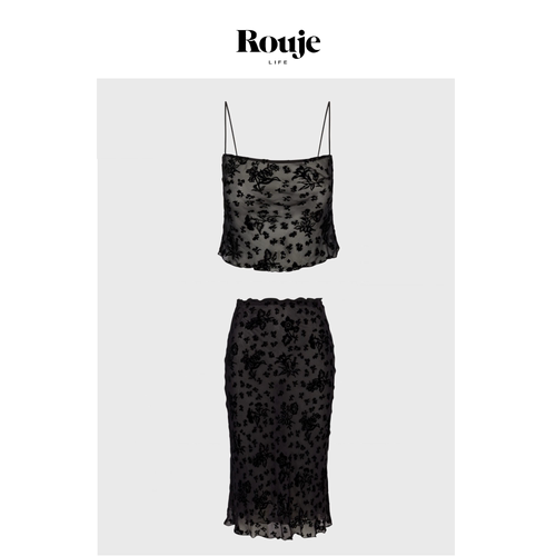【现货】Rouje Life真丝植绒印花性感半透视绑带上衣女半身裙套装