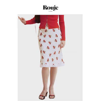 【现货】Rouje Life夏新款波点红花印花桑蚕丝半身裙休闲法式复古