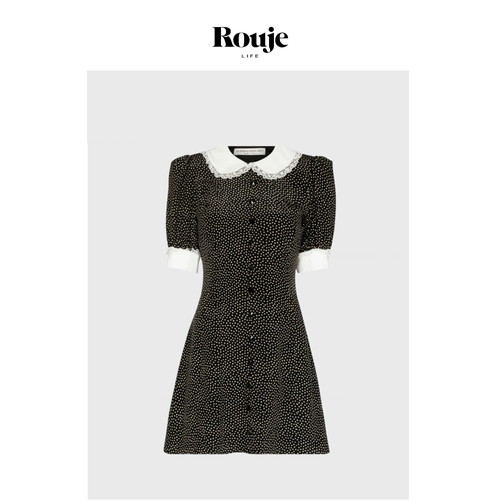 【现货】Rouje Life新款黑色波点拼接荷叶翻领甜美小个子连衣裙女