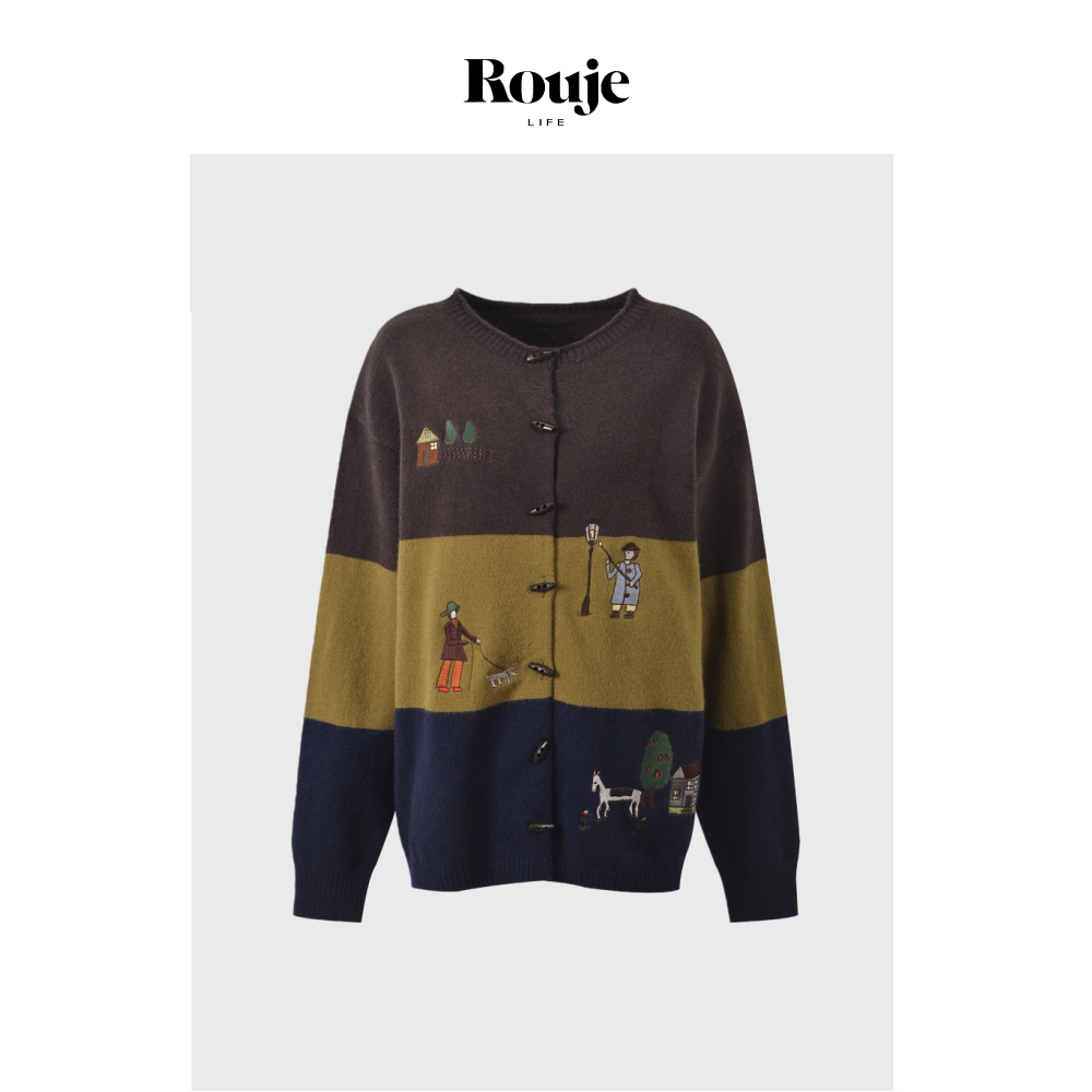 【现货】Rouje Life小众牛角扣圆领童趣卡通刺绣宽松针织开衫上衣