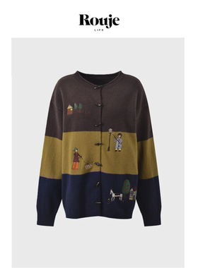 【现货】Rouje Life小众牛角扣圆领童趣卡通刺绣宽松针织开衫上衣